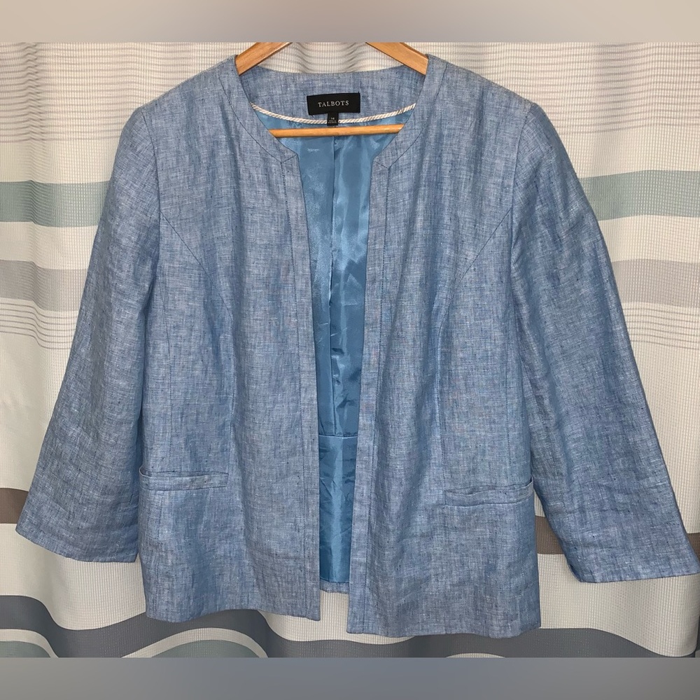 Talbots Sky Blue Chambray 100% Linen Open Front Lined Jacket Size 14